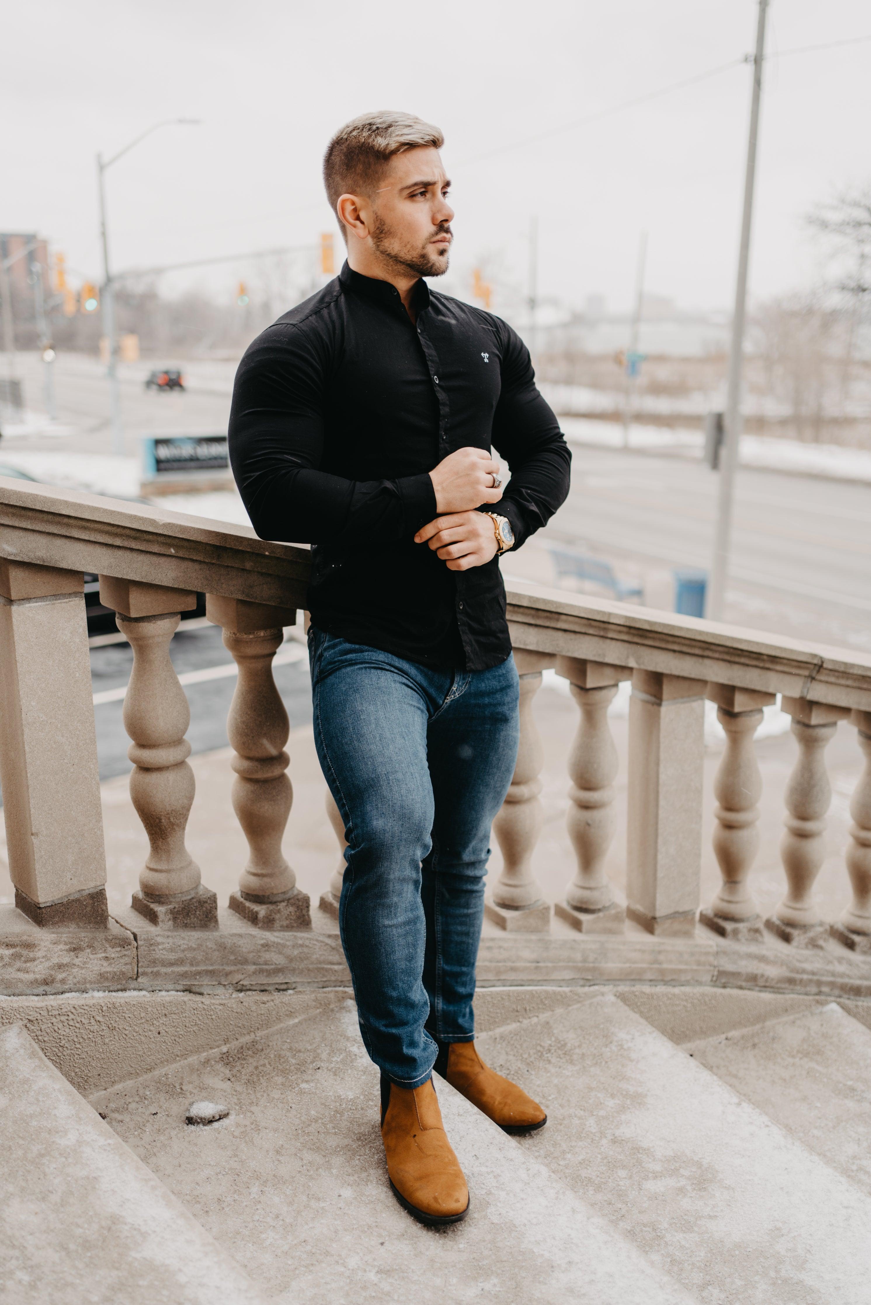 Grandad Collar Black Vittorini Fit Shirt