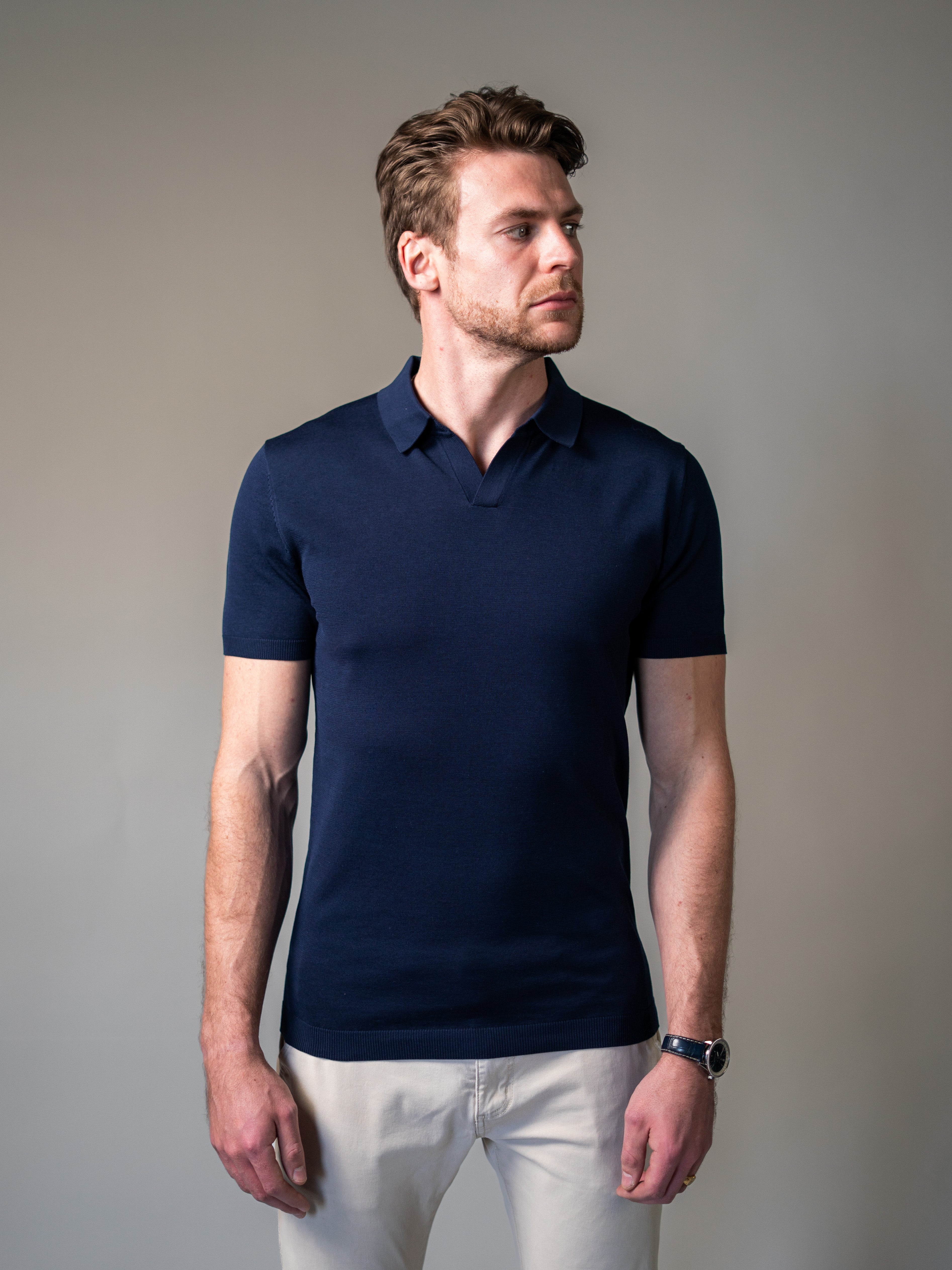 Navy Knitted Vittorini Fit Polo Shirt