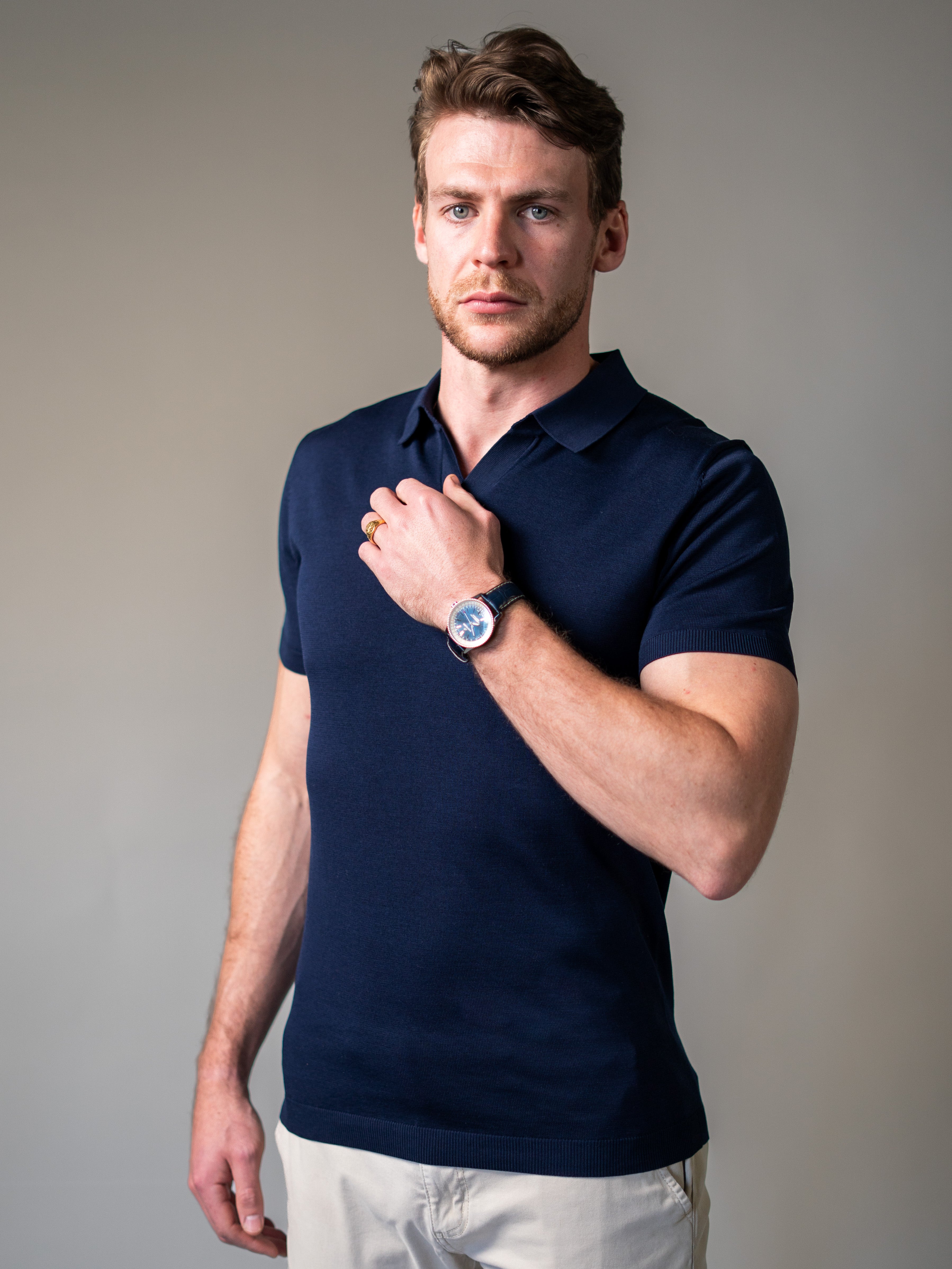 Navy Knitted Vittorini Fit Polo Shirt